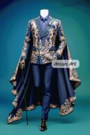 Regal Navy Blue Cape Suit with Gold Baroque Embroidery | Royal Fabric brocade Men's Tuxedo | Custom Wedding or Theatrical Costume