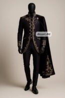Men Dark Royal Costume. Gold Embroidered Frock Coat & Velvet Cape. Bespoke Prince/King/Groom Wedding Attire.