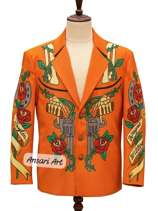 Men Orange 2Pc Bespoke Country Western Suit Roses Pistols Skull Embroidered Rhinestones Nudie Groomsmen Cowboy Cocktail Wedding Prom Outfit
