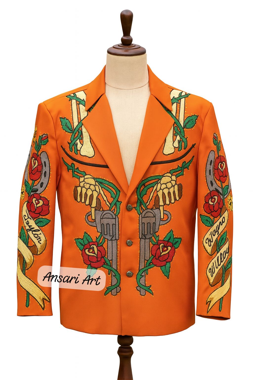 Men Orange 2Pc Bespoke Country Western Suit Roses Pistols Skull Embroidered Rhinestones Nudie Groomsmen Cowboy Cocktail Wedding Prom Outfit