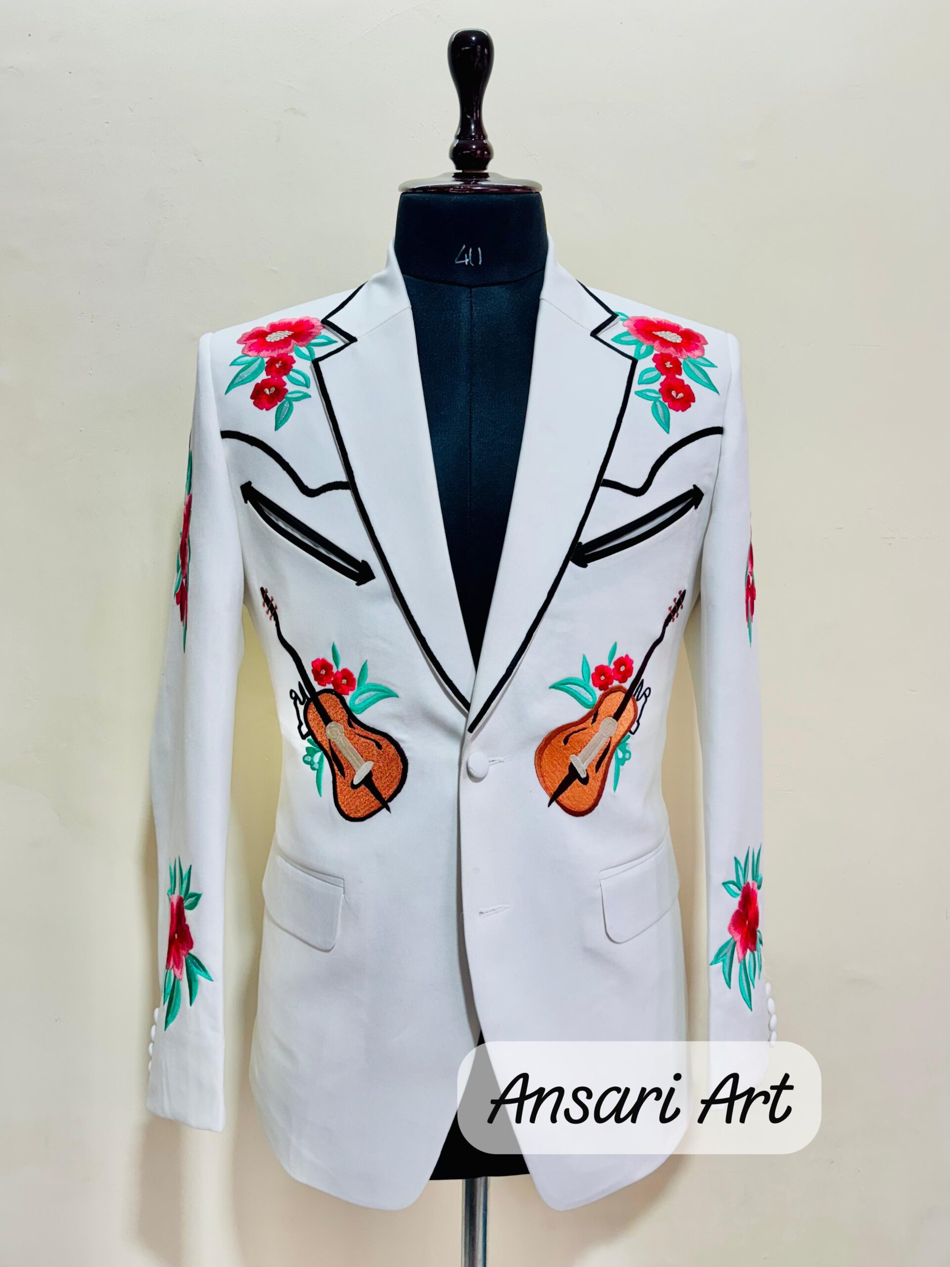 Men Designer White 2Pc Customized Floral Guitar Embroidered Country Western Cowboy Nudie Suit | Cocktail, Groom, Party, Wedding Day Outfit - Image 3