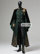 Fantasy General Costume, Dark Green Military Cape Coat, Cosplay King Uniform, Royal Embroidered Velvet Trench