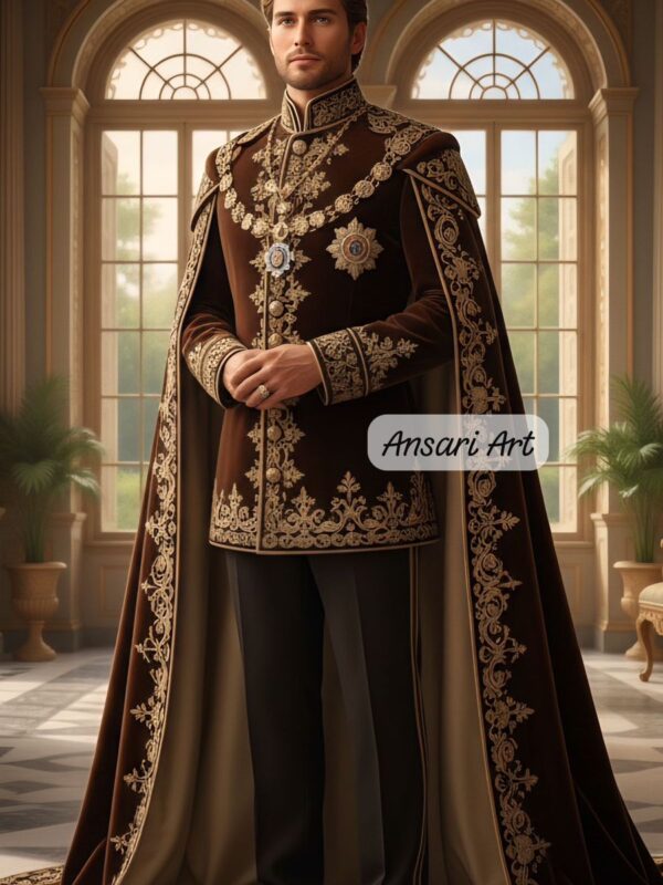Men 3Pc Bespoke Brown Velvet Royal Uniform & Cape | Custom Gold Embroidered Prince Suit | Luxury Wedding Stage Wear Suit Pant Cape Set