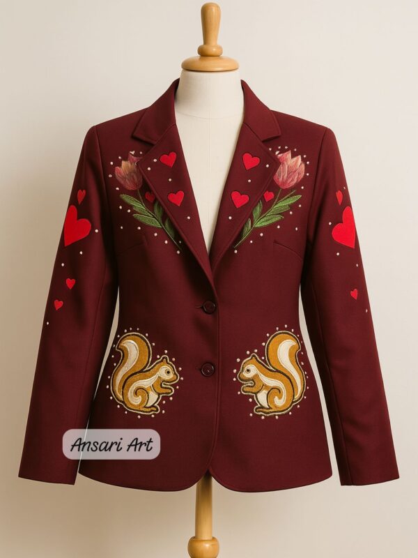 Unisex Maroon 2Pc Customized Western Nudie Suit – Squirrel & Floral Embroidery Rhinestones | Cowboy Prom, Wedding, Groom, or Party Outfit