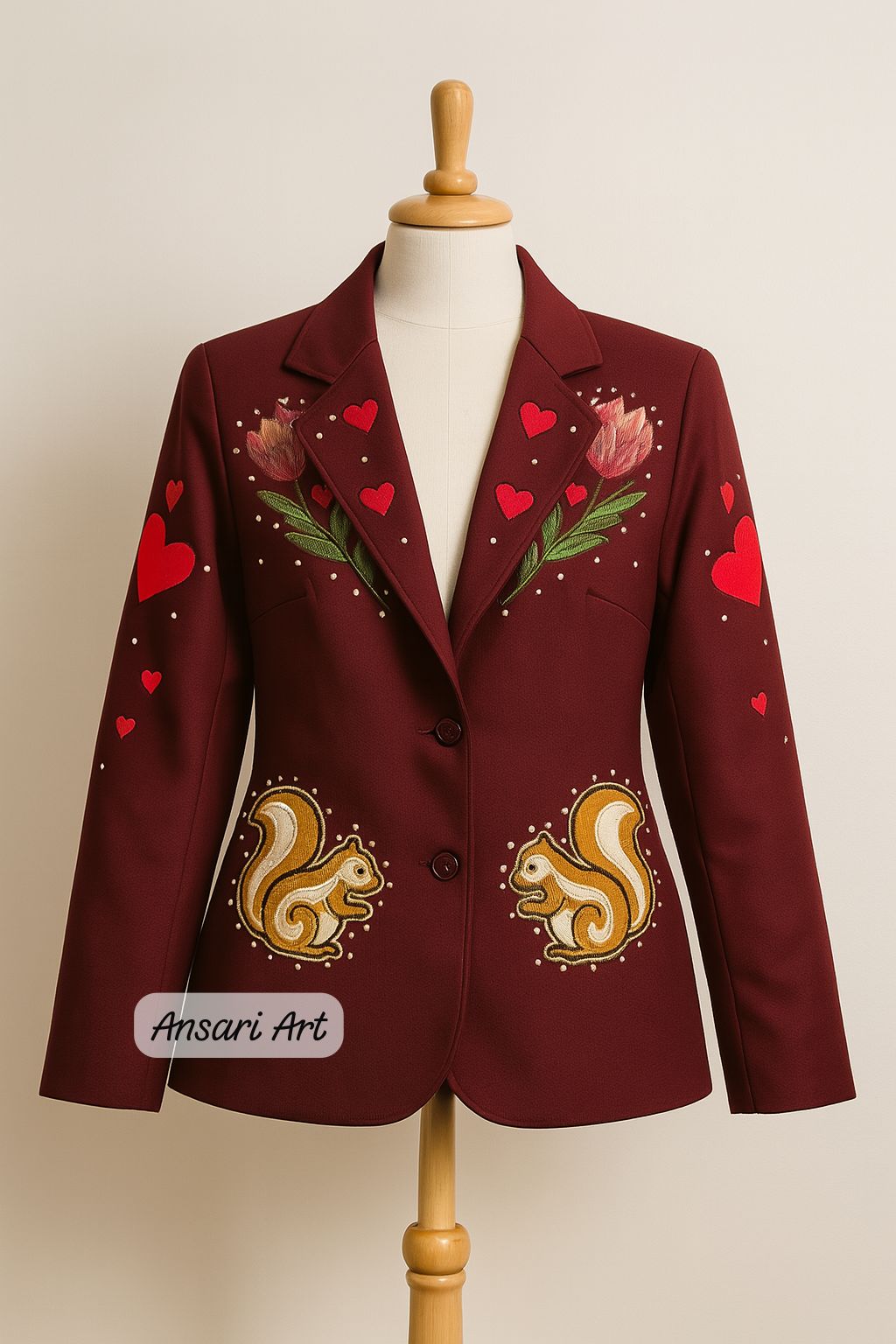 Unisex Maroon 2Pc Customized Western Nudie Suit – Squirrel & Floral Embroidery Rhinestones | Cowboy Prom, Wedding, Groom, or Party Outfit