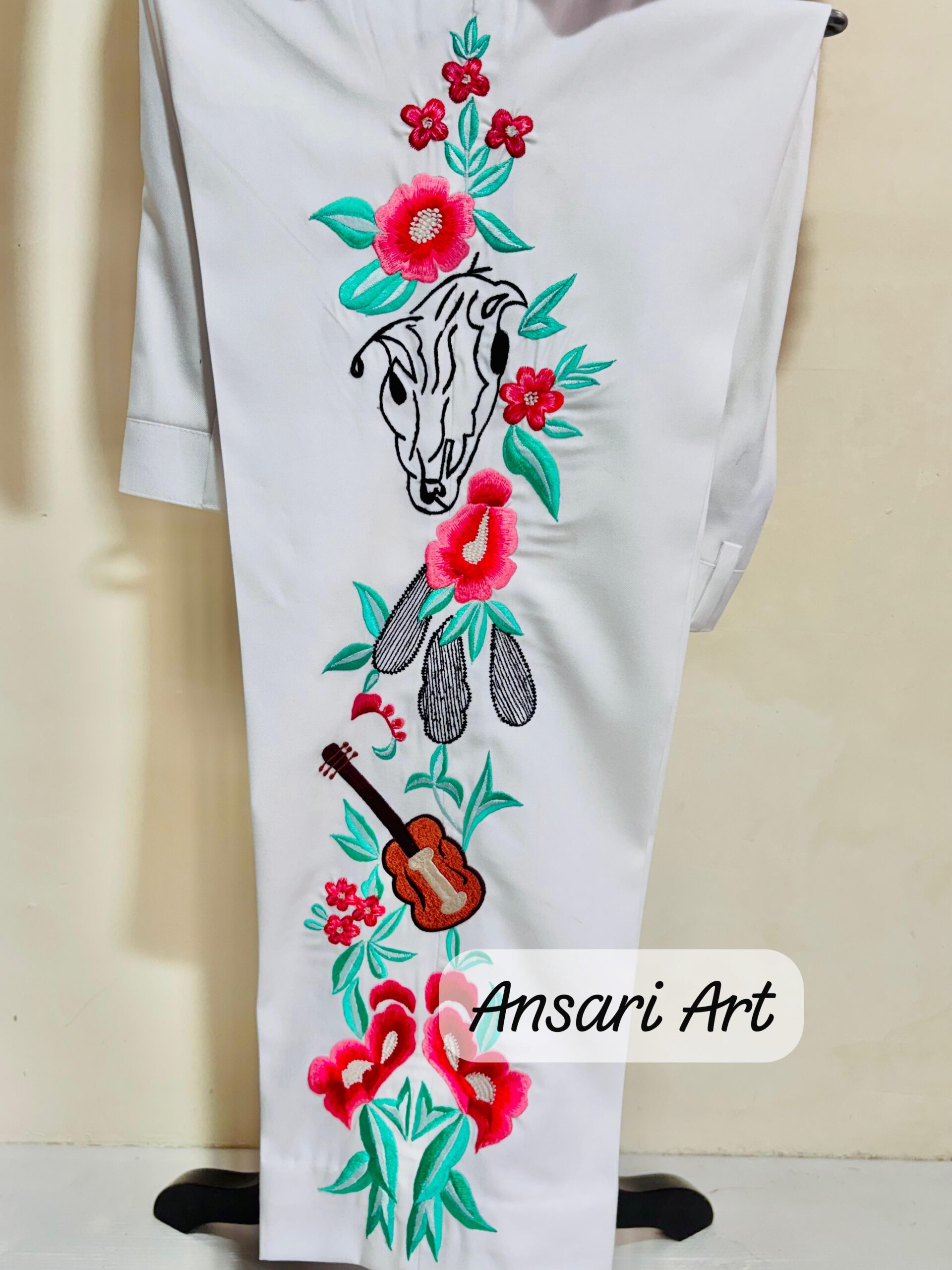 Men Designer White 2Pc Customized Floral Guitar Embroidered Country Western Cowboy Nudie Suit | Cocktail, Groom, Party, Wedding Day Outfit - Image 7