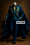 Teal Blue Cape Suit with Gold Baroque Embroidery | Custom 4-Piece Tuxedo Vest Set | Royal Fantasy or Stage Performer Attire