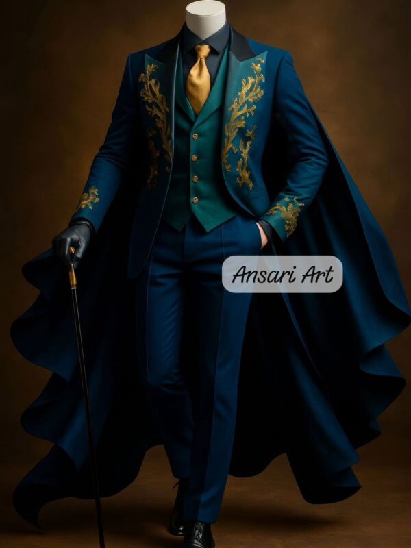Teal Blue Cape Suit with Gold Baroque Embroidery | Custom 4-Piece Tuxedo Vest Set | Royal Fantasy or Stage Performer Attire