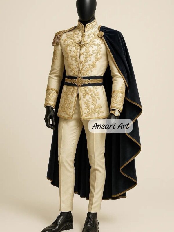 Men Royal Costume. Cream & Gold Embroidered Tunic Suit with Navy Velvet Cape. Prince/King/Historical Military Attire.