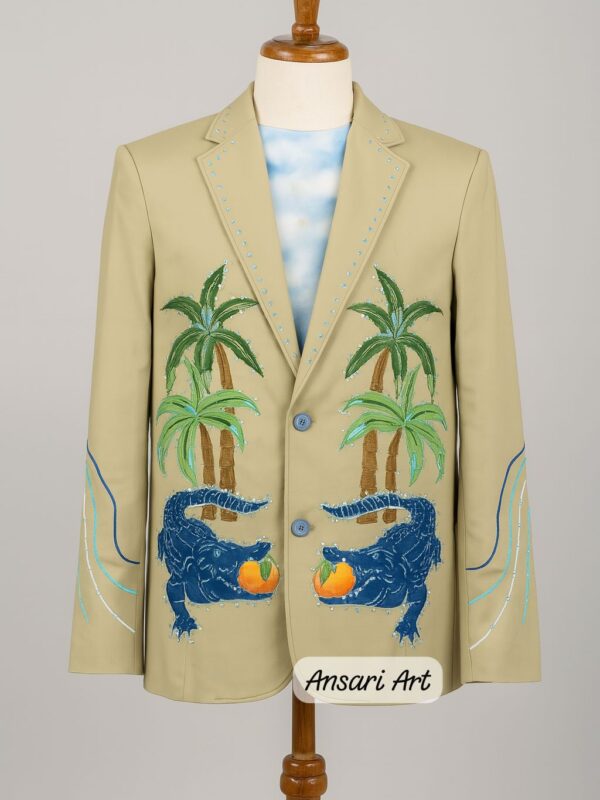 Men 2Pc Green Customized Alligator Tree Embroidered Rhinestones Country Western Nudie Suit Cowboy Vintage Wedding Party Groom Outfit