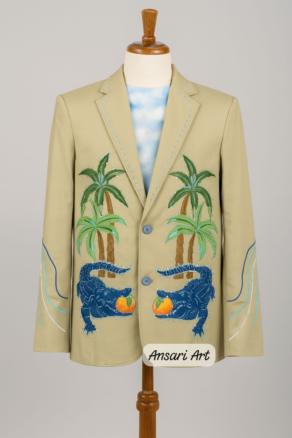 Men 2Pc Green Customized Alligator Tree Embroidered Rhinestones Country Western Nudie Suit Cowboy Vintage Wedding Party Groom Outfit