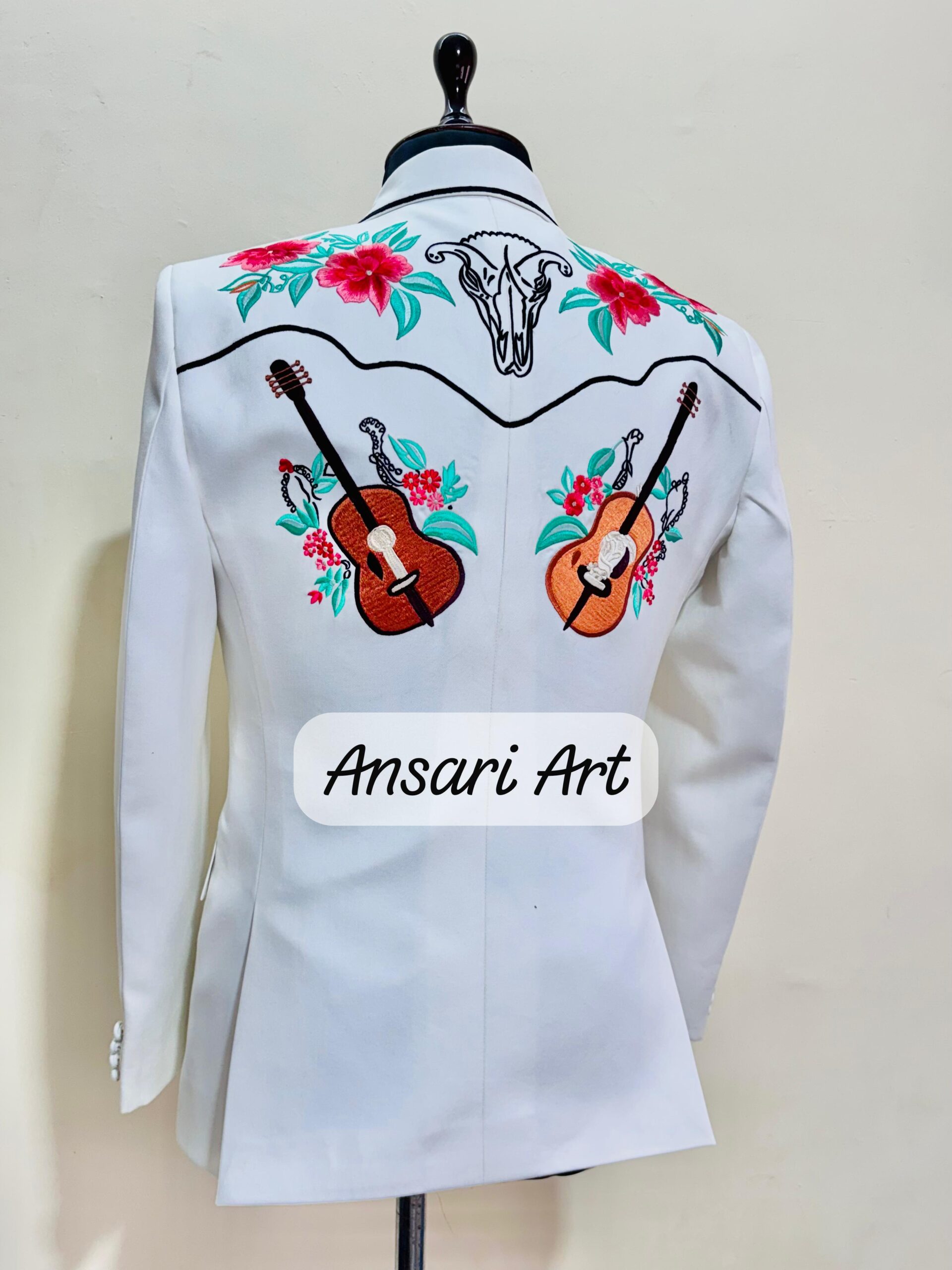 Men Designer White 2Pc Customized Floral Guitar Embroidered Country Western Cowboy Nudie Suit | Cocktail, Groom, Party, Wedding Day Outfit - Image 2