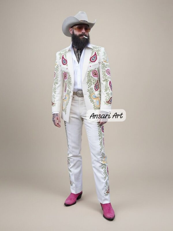 Men's White Embroidered 2Pc Suit - Western Wedding. Colorful Paisley Pattern Blazer & Trousers. Nudie Cocktail Cowboy Stage Wear.