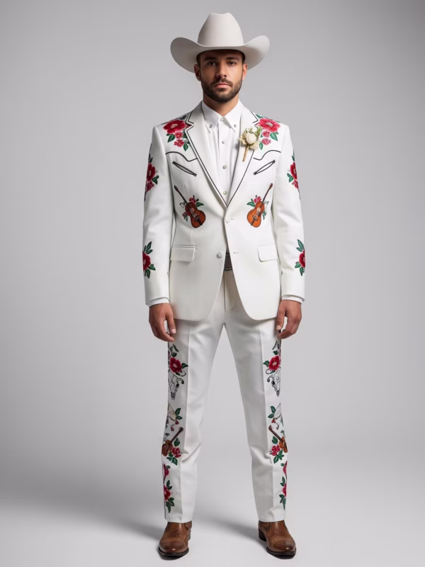 Men Designer White 2Pc Customized Floral Guitar Embroidered Country Western Cowboy Nudie Suit | Cocktail, Groom, Party, Wedding Day Outfit