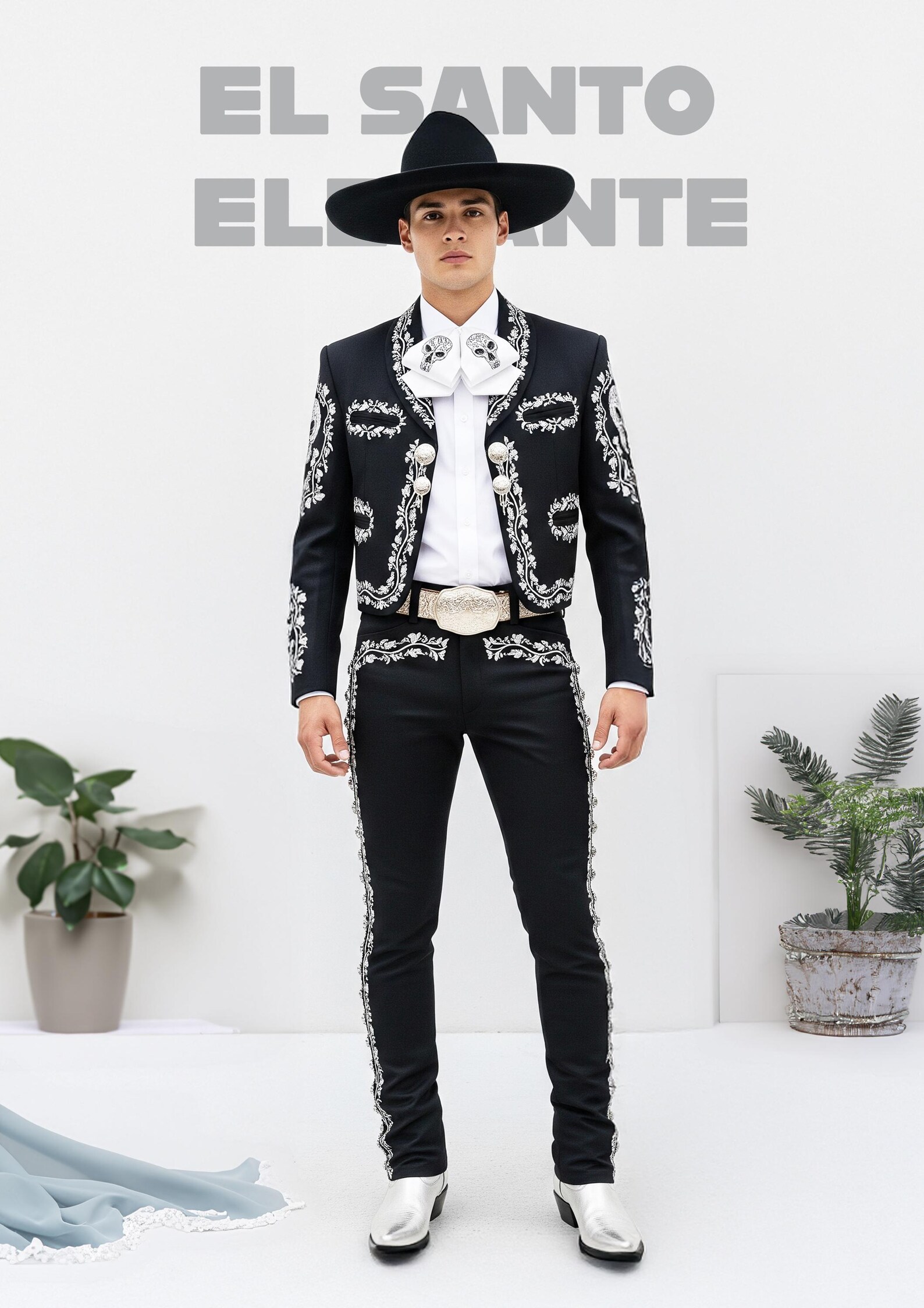 Men’s Black 2Pc Charro Suit with Skull Embroidery – Mexican Mariachi Wedding Outfit with Silver Detailing – Custom Party Wear Set