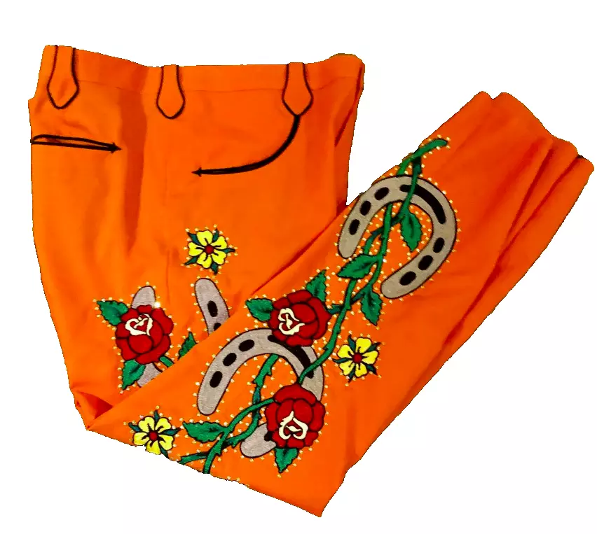 Men Orange 2Pc Bespoke Country Western Suit Roses Pistols Skull Embroidered Rhinestones Nudie Groomsmen Cowboy Cocktail Wedding Prom Outfit - Image 3
