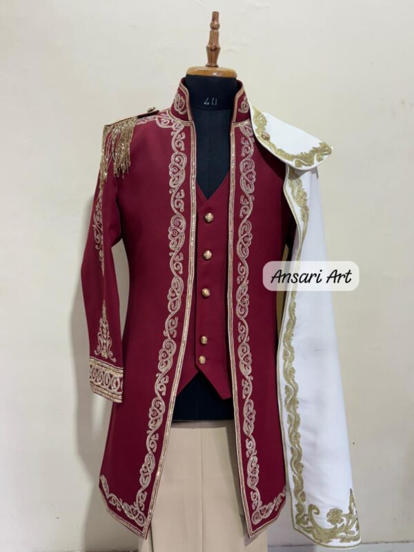 Men's Royal Prince Suit, Gold Embroidered Maroon Wedding Suit for Groom, 3 Piece Frock Coat with Detachable Cape, Regal Fantasy Groom swear