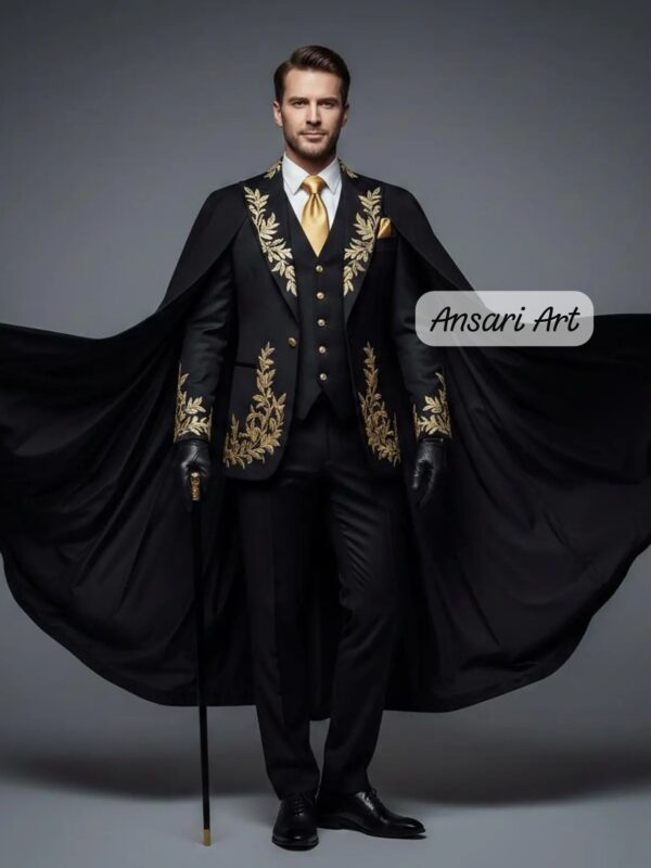 Men's Black Cape Suit with Gold Embroidery, Royal Formal Tuxedo for Weddings, Gothic Vampire Groom Suit, Victorian Regency Cape Blazer Outfit