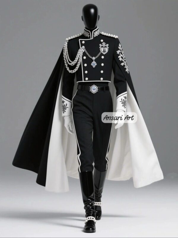 Black & White Royal Military Cape, Custom Silver Embroidered Hussar Jacket, Dramatic Theatrical Cloak for Men, Groom Wedding Suit