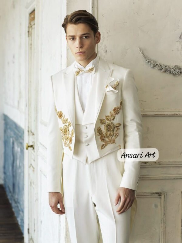 Luxury White Gold Embroidered Groom Tailcoat Royal Wedding Suit Handmade Custom Men's Tuxedo