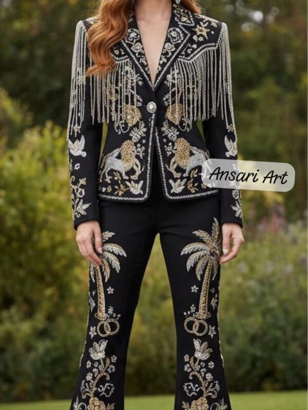 Luxury Black Embroidered Western Suit for Women | Beaded Fringe Jacket & Pants | Custom Handmade Designer Cowgirl Outfit