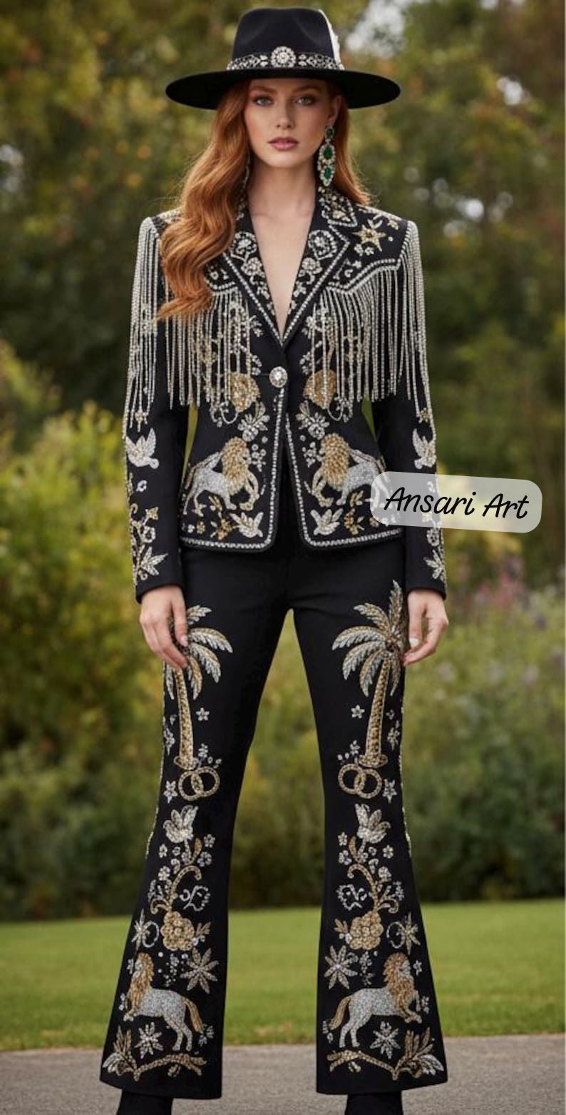Luxury Black Embroidered Western Suit for Women | Beaded Fringe Jacket & Pants | Custom Handmade Designer Cowgirl Outfit