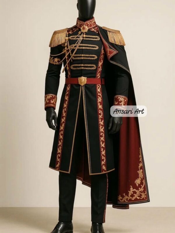 Men's Black Military Wedding Suit - Gold Embroidered Groom Outfit - Royal Prince Jacket with Cape - Custom Formal Tuxedo Alternative