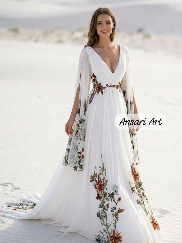 Boho Floral Embroidered Beach Wedding Dress Long Sleeve Chiffon Bridal Gown Handmade Custom Bride