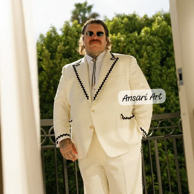 Men 2Pc Cream Bespoke Custom Zigzag Embroidered Country Western Nudie Suit, Boho Groom Wedding Concert Outfit