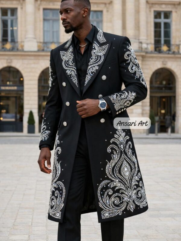 Luxury Men's Black Long Coat Silver Crystal Embroidered Royal Wedding Groom Suit Rhinestone Stage Wear Red Carpet Trench Coat Masquerade