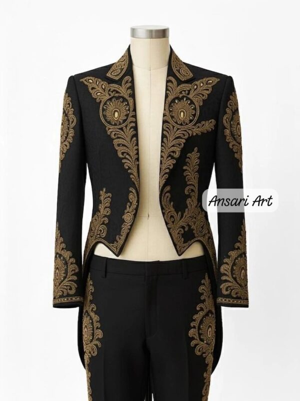 Men 2Pc Tailcoat Black Gold Embroidered Overcoat for Men, Royal Wedding Frock Coat, Luxury Baroque Gothic Long Coat, Custom Made