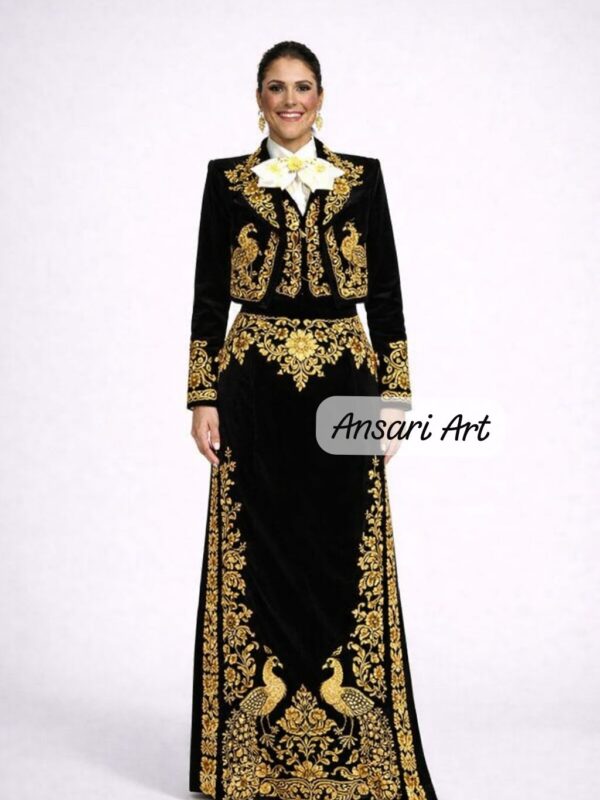 Black Gold Charro Dress for Women | Hand Embroidered Mexican Mariachi Outfit | Traditional Charra Wedding Dress