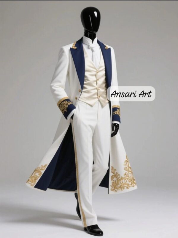 Royal White Men's Frock Coat - Victorian Military Wedding Suit - Gold Embroidered Long coat - Prince Charming Costume - Regency Groom Wear