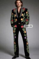 Men's Floral Embroidered Velvet Suit, Black Rose Tuxedo with Crystal Lapel, Matador Style Wedding Blazer, Nudie Suit Stage Wear, Prom Outfit
