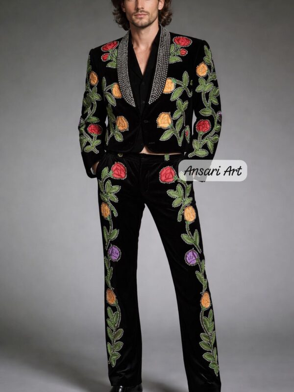 Men's Floral Embroidered Velvet Suit, Black Rose Tuxedo with Crystal Lapel, Matador Style Wedding Blazer, Nudie Suit Stage Wear, Prom Outfit
