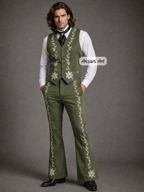 3Pc Olive Green Western Suit: Floral Embroidered Shirt Vest & Flare Pants Set - Men's Cowboy Rodeo Outfit - Country Wedding Wear Ansari Art