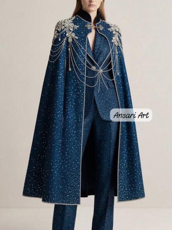 Luxury Blue Sequin Suit with Cape - Women's Sparkling Gala Outfit - Crystal Drape Shoulder Cape - Royal Formal Suit - Red Carpet Event Wear