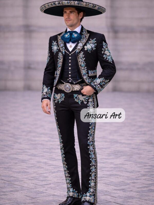Luxury Charro Suit for Men | Floral Embroidered Mariachi Wedding Suit | Handmade Mexican Traje de Charro 3 Piece Suit