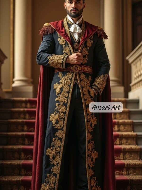 Royal Prince Costume Men, Black and Gold Embroidered Tunic, Red Velvet Cape, King Cosplay Suit, Noble Fantasy Outfit with Epaulets