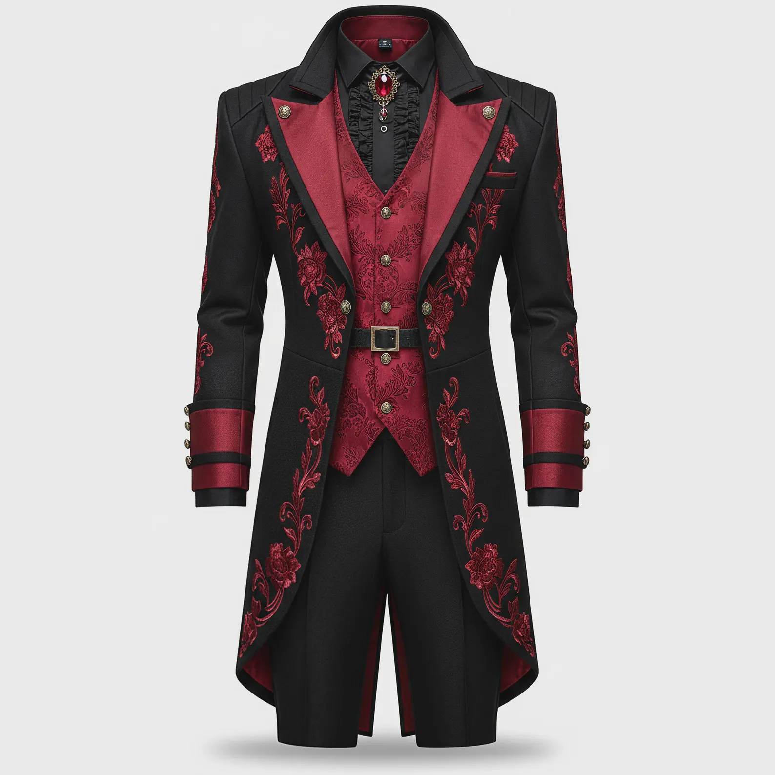 Black Burgundy Royal Tailcoat for Men • Embroidered Victorian Suit • Gothic Wedding Groom Outfit • Baroque Coat & Vest Set
