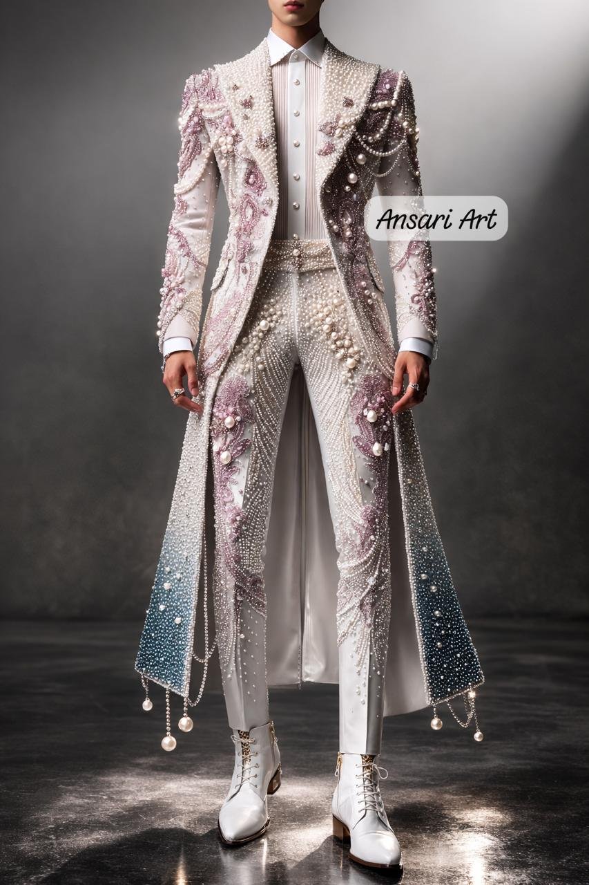 Luxury Men's Ombré Blue Pearl Suit - Mauve Floral Embroidered Wedding Tuxedo - Hand Beaded Crystal Gala Outfit - Royal Prince Statement Wear