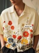 Embroidered Floral Men Short Sleeve Shirt Boho Wildflower Button Down Cream Summer Party Top Vintage Style Botanical Shirt Embroidered Gift