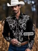 Black Western Shirt with White Scroll Embroidery, Men's Cowboy Button Down, Rockabilly Stage Wear, Nudie Suit Style Country Music Artist Top