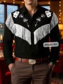 Black Fringe Western Shirt for Men White Floral Embroidered Cowboy  Rockabilly Stage Wear Nudie Suit Style Top Retro Western Wedding Shirt