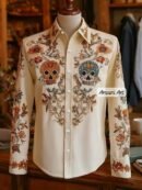 Embroidered Sugar Skull Western Shirt, Men's Day of the Dead Button Down, Floral Cowboy Shirt, Mexican Folk Art Long Sleeve, Boho Floral Top