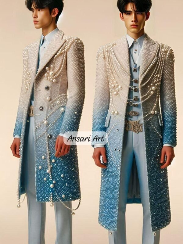 Royal Blue Ombré Pearl Suit - Men's Hand-Embellished Long Blazer - Crystal Gala Outfit - Modern Prince Wedding Suit - Luxury Editorial Wear