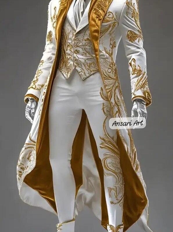 Royal Prince Costume White & Gold Embroidered Men's Wedding Suit - Fairy Tale King Outfit - Luxury Stage Wear - Regal Cosplay Tailcoat