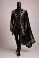 Men's Black Velvet Gothic Tailcoat Gold Embroidered Royal Suit Luxury Historical Prince Charming Costume Regency Wedding Groom Jacket Cape