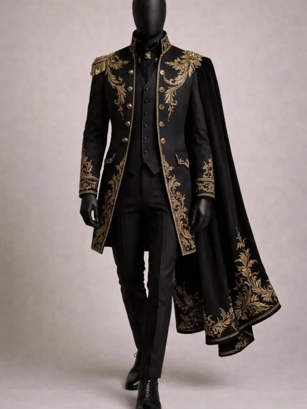 Men's Black Velvet Gothic Tailcoat Gold Embroidered Royal Suit Luxury Historical Prince Charming Costume Regency Wedding Groom Jacket Cape