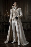 White Gold Embroidered Men’s Royal Suit Victorian Gothic Long Tailcoat Wedding Outfit - Prince Charming Cosplay Costume Bespoke Regency Suit